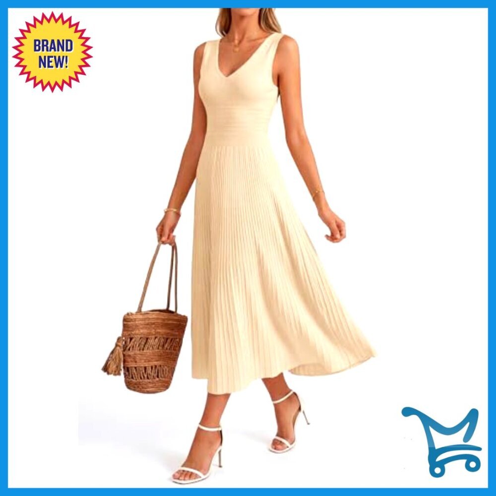 Sleeveless V-Neck Midi Dress, A-Line Knit, Cocktail Wedding Guest - Picture 5 of 7
